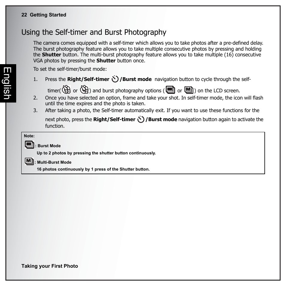 Using the self-timer and burst photography, English | Sanyo VPC-E890 User Manual | Page 38 / 73