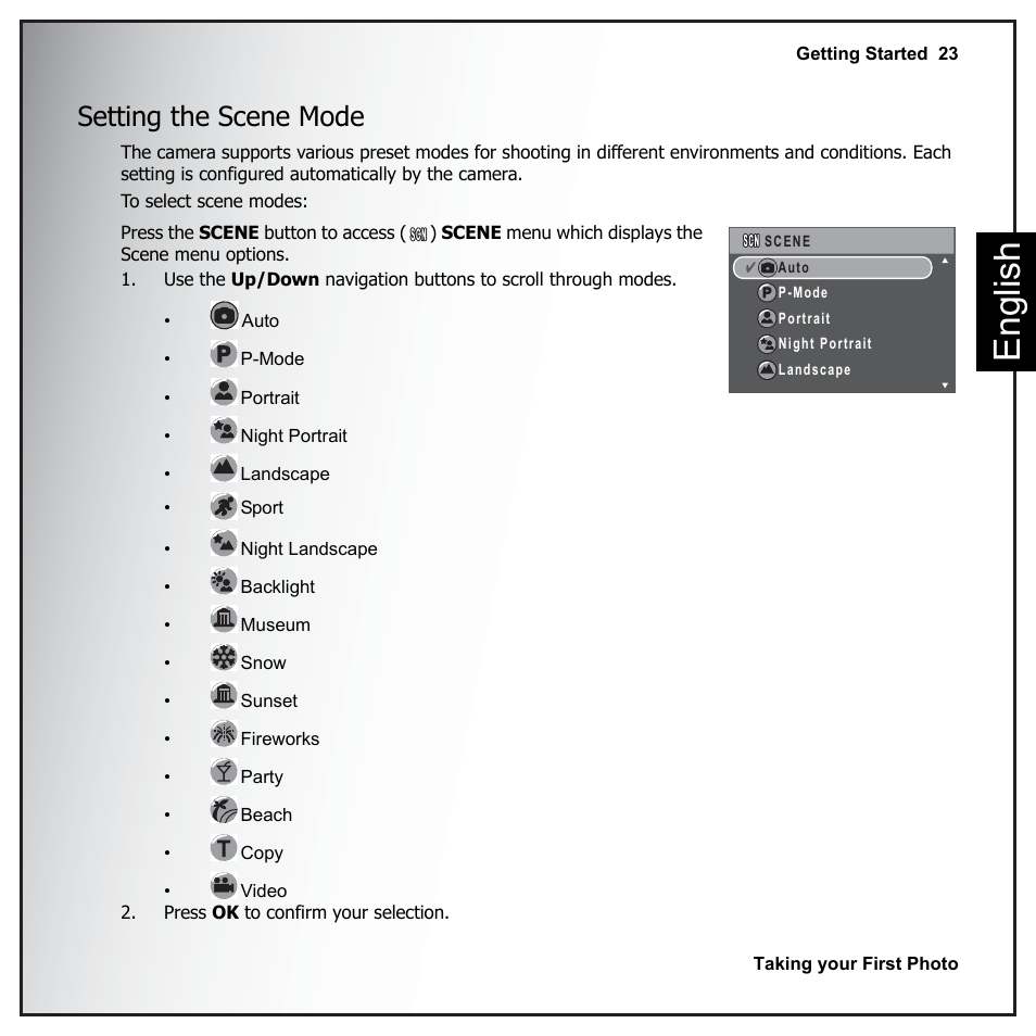 Setting the scene mode, Eng lish | Sanyo VPC-E890 User Manual | Page 39 / 73