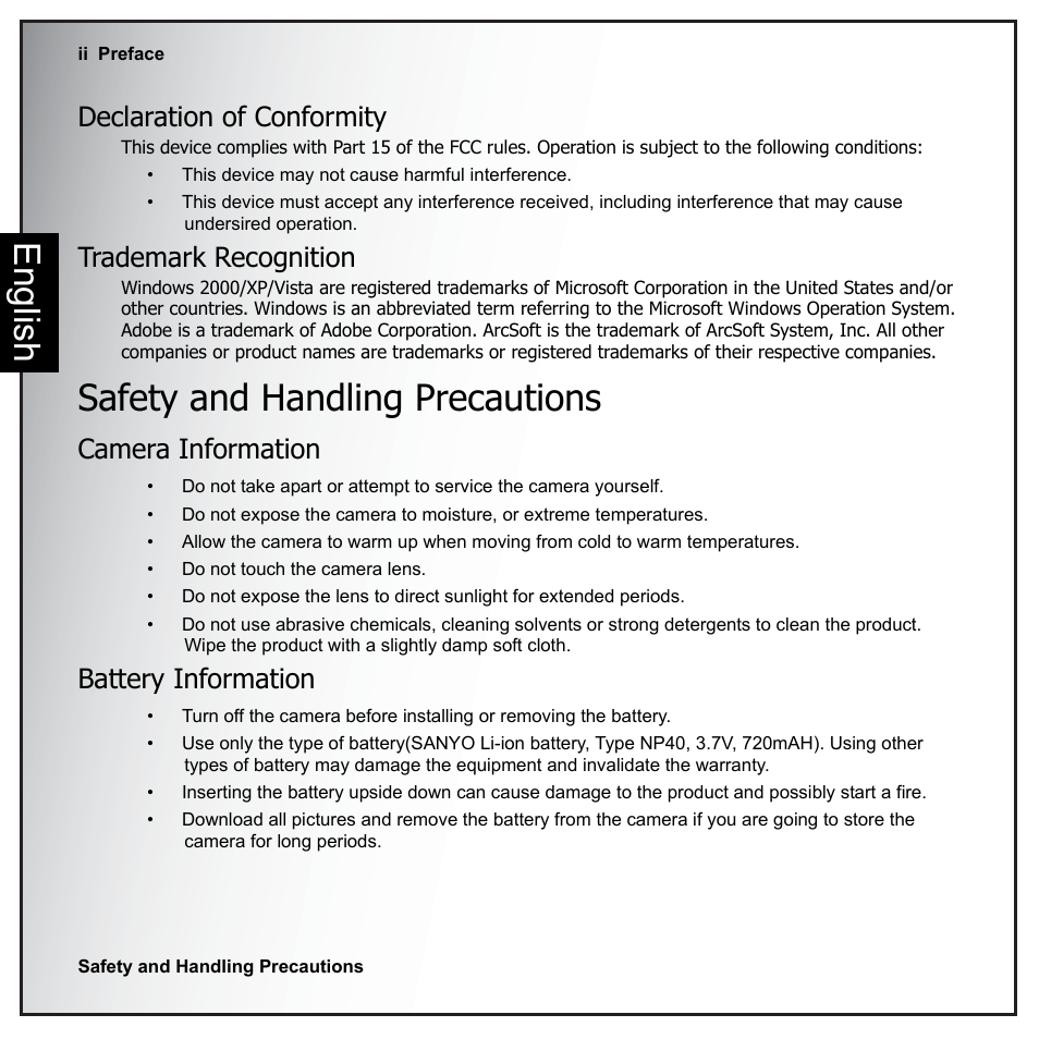 Declaration of conformity, Trademark recognition, Safety and handling precautions | Camera information, Battery information, English | Sanyo VPC-E890 User Manual | Page 4 / 73