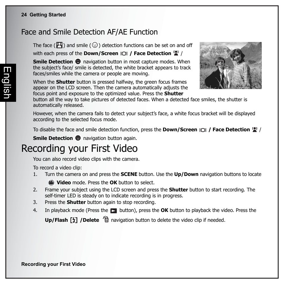 Face and smile detection af/ae function, Recording your first video, English | Sanyo VPC-E890 User Manual | Page 40 / 73