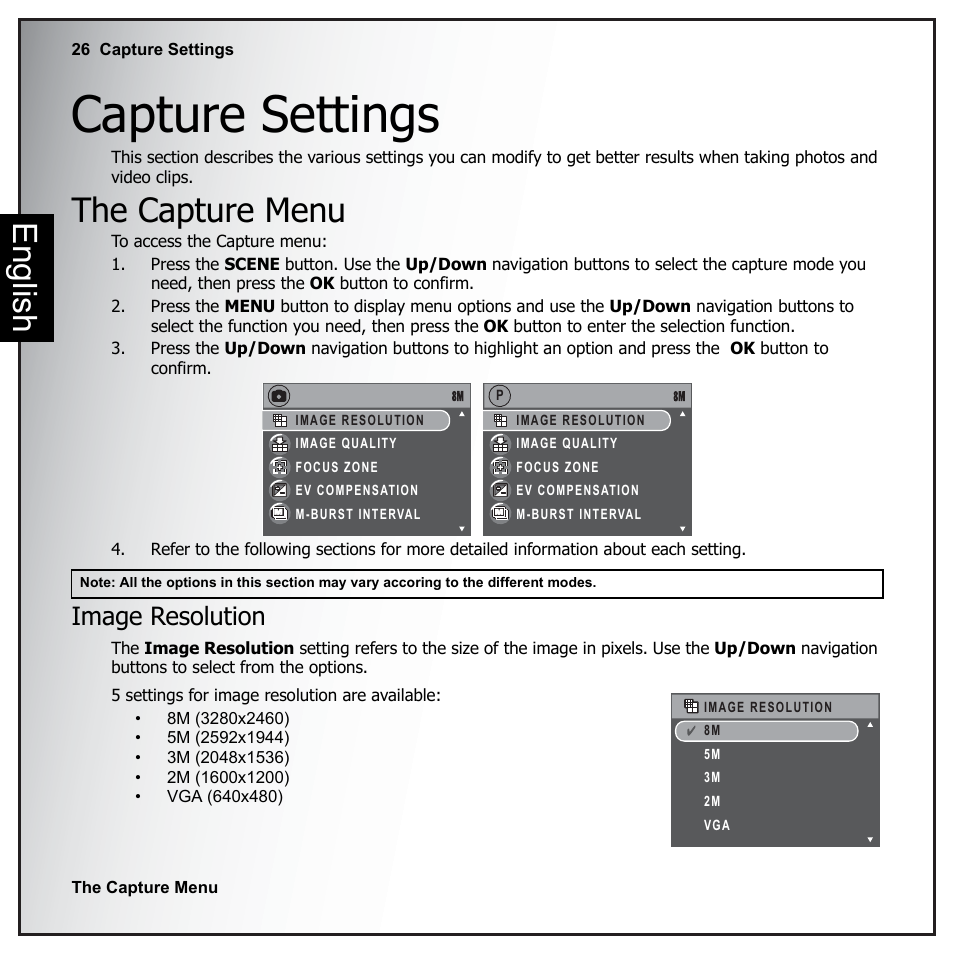 Capture settings, The capture menu, Image resolution | English | Sanyo VPC-E890 User Manual | Page 42 / 73