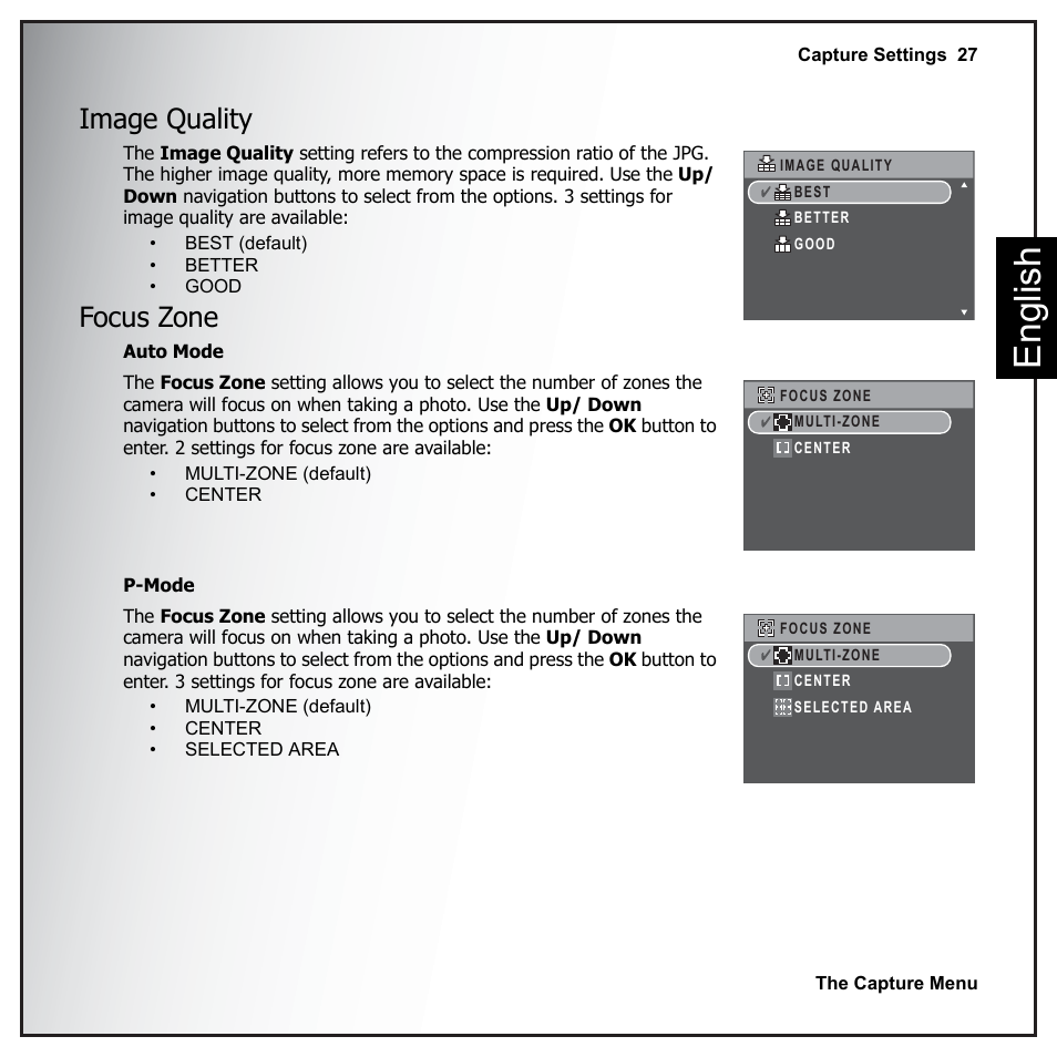 Image quality, Focus zone, Image quality focus zone | Eng lish | Sanyo VPC-E890 User Manual | Page 43 / 73