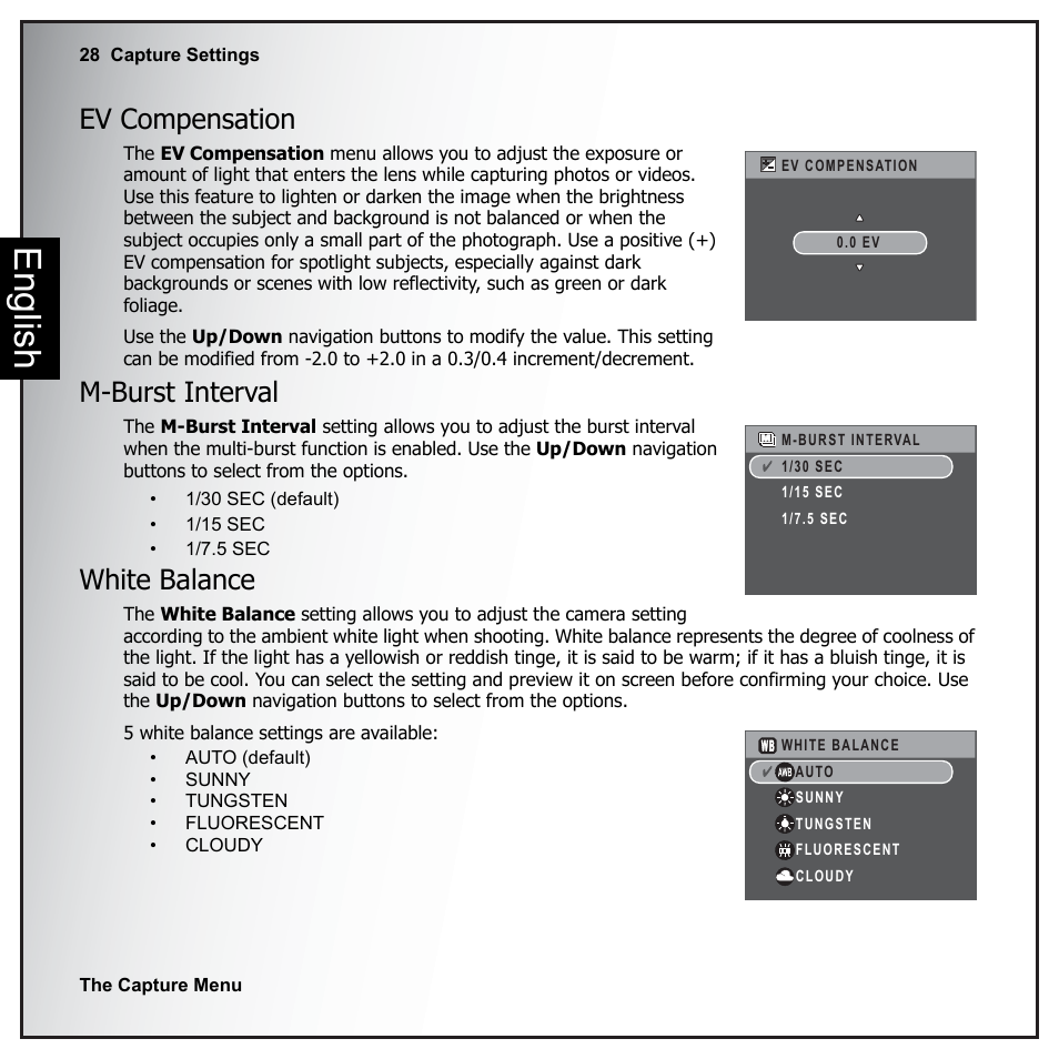 Ev compensation, M-burst interval, White balance | Ev compensation m-burst interval white balance, English | Sanyo VPC-E890 User Manual | Page 44 / 73