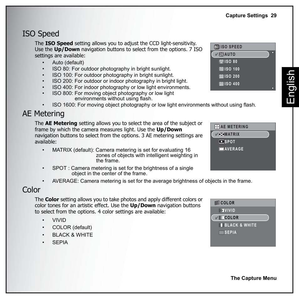 Iso speed, Ae metering, Color | Iso speed ae metering color, Eng lish | Sanyo VPC-E890 User Manual | Page 45 / 73