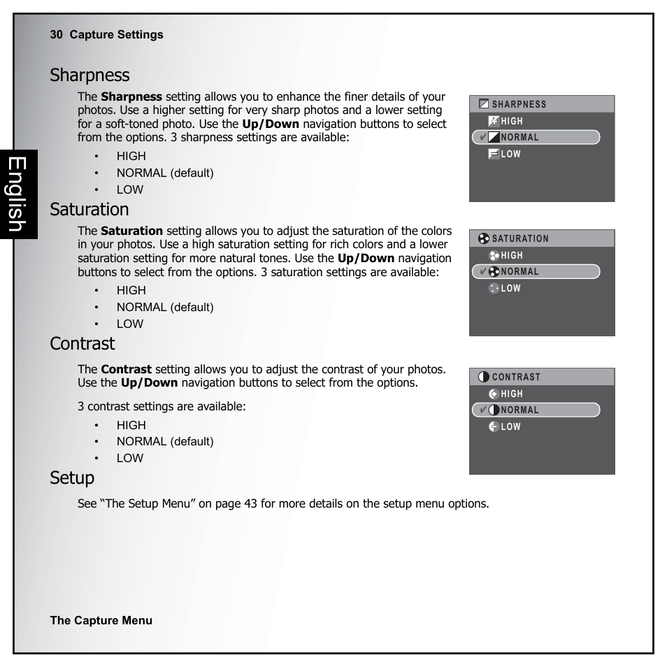 Sharpness, Saturation, Contrast | Setup, Sharpness saturation contrast setup, English | Sanyo VPC-E890 User Manual | Page 46 / 73