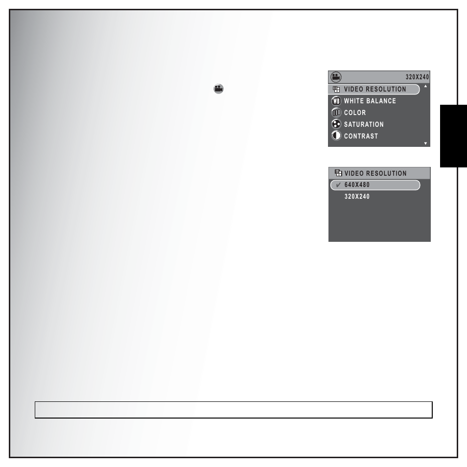 Video capture menu, Video resolution, White balance | Color, Saturation, Contrast, Setup, Eng lish video capture menu | Sanyo VPC-E890 User Manual | Page 47 / 73