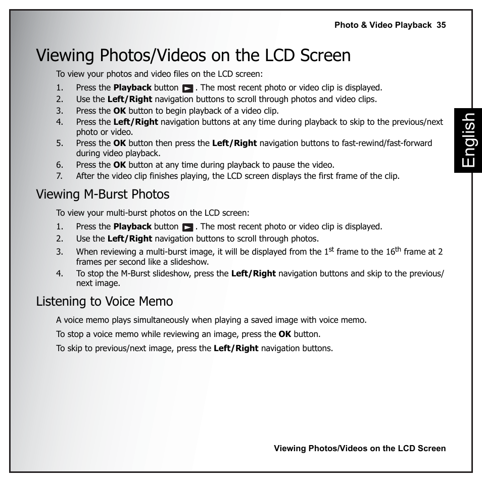 Viewing photos/videos on the lcd screen, Viewing m-burst photos, Listening to voice memo | Viewing m-burst photos listening to voice memo, Eng lish viewing photos/videos on the lcd screen | Sanyo VPC-E890 User Manual | Page 51 / 73