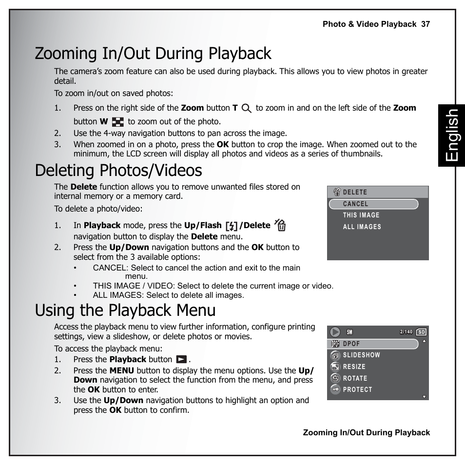 Zooming in/out during playback, Deleting photos/videos, Using the playback menu | Eng lish zooming in/out during playback | Sanyo VPC-E890 User Manual | Page 53 / 73