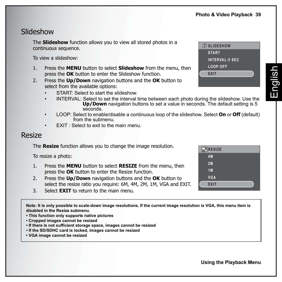 Slideshow, Resize, Slideshow resize | Eng lish | Sanyo VPC-E890 User Manual | Page 55 / 73