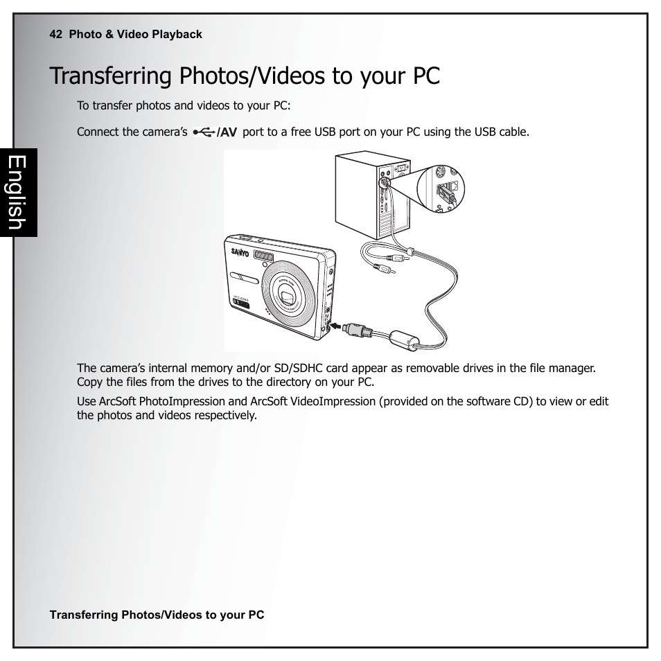 Transferring photos/videos to your pc, English transferring photos/videos to your pc | Sanyo VPC-E890 User Manual | Page 58 / 73