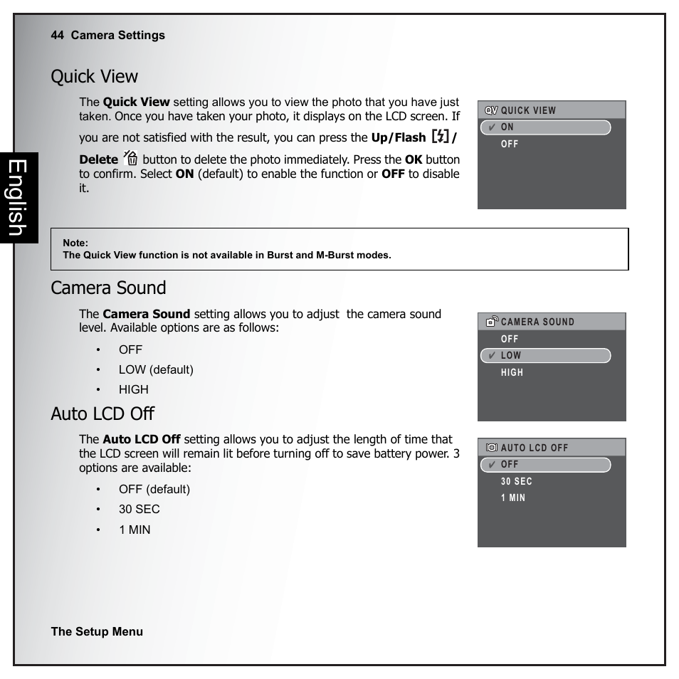 Quick view, Camera sound, Auto lcd off | Quick view camera sound auto lcd off, English | Sanyo VPC-E890 User Manual | Page 60 / 73