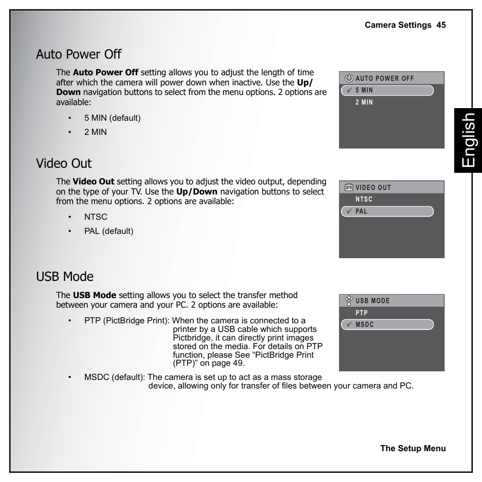 Auto power off, Video out, Usb mode | Auto power off video out usb mode, Eng lish | Sanyo VPC-E890 User Manual | Page 61 / 73