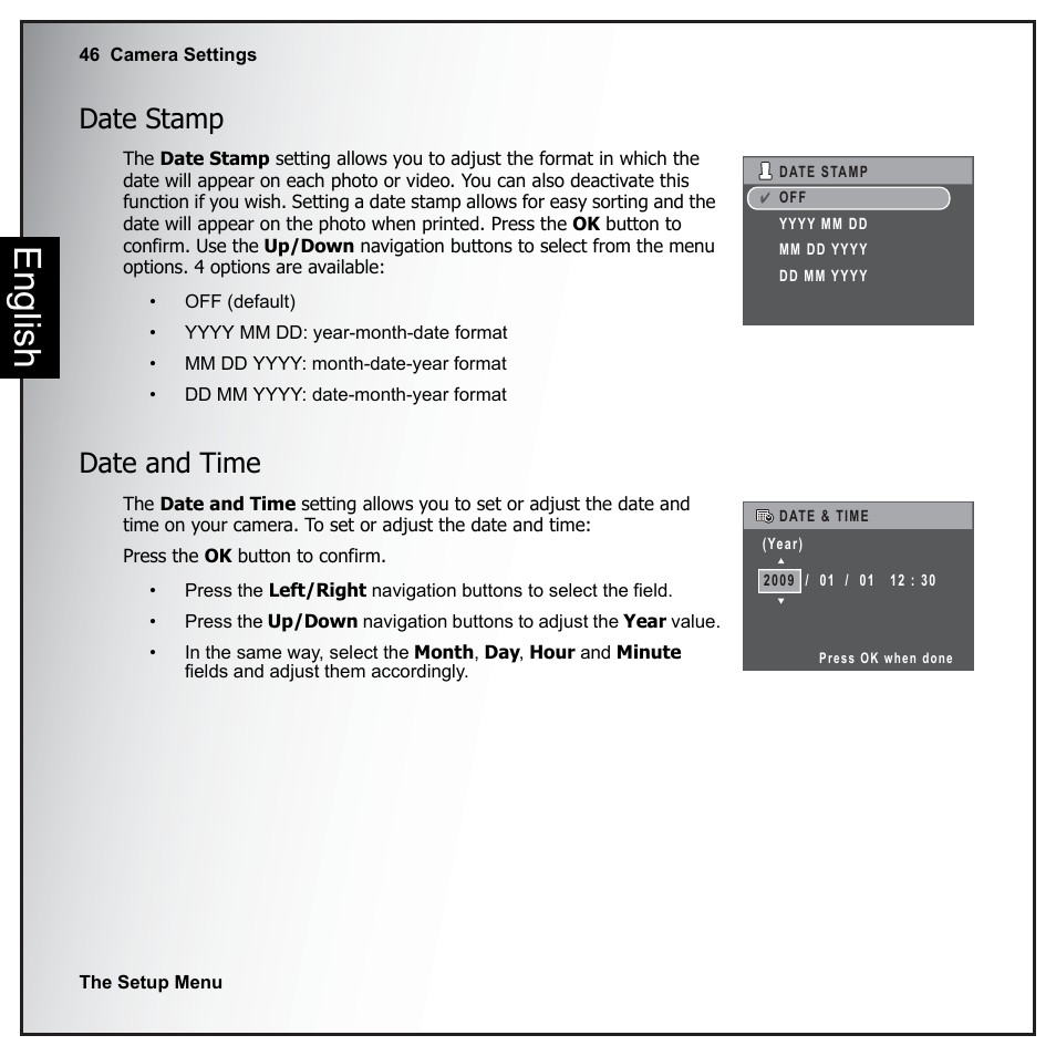 Date stamp, Date and time, Date stamp date and time | English | Sanyo VPC-E890 User Manual | Page 62 / 73