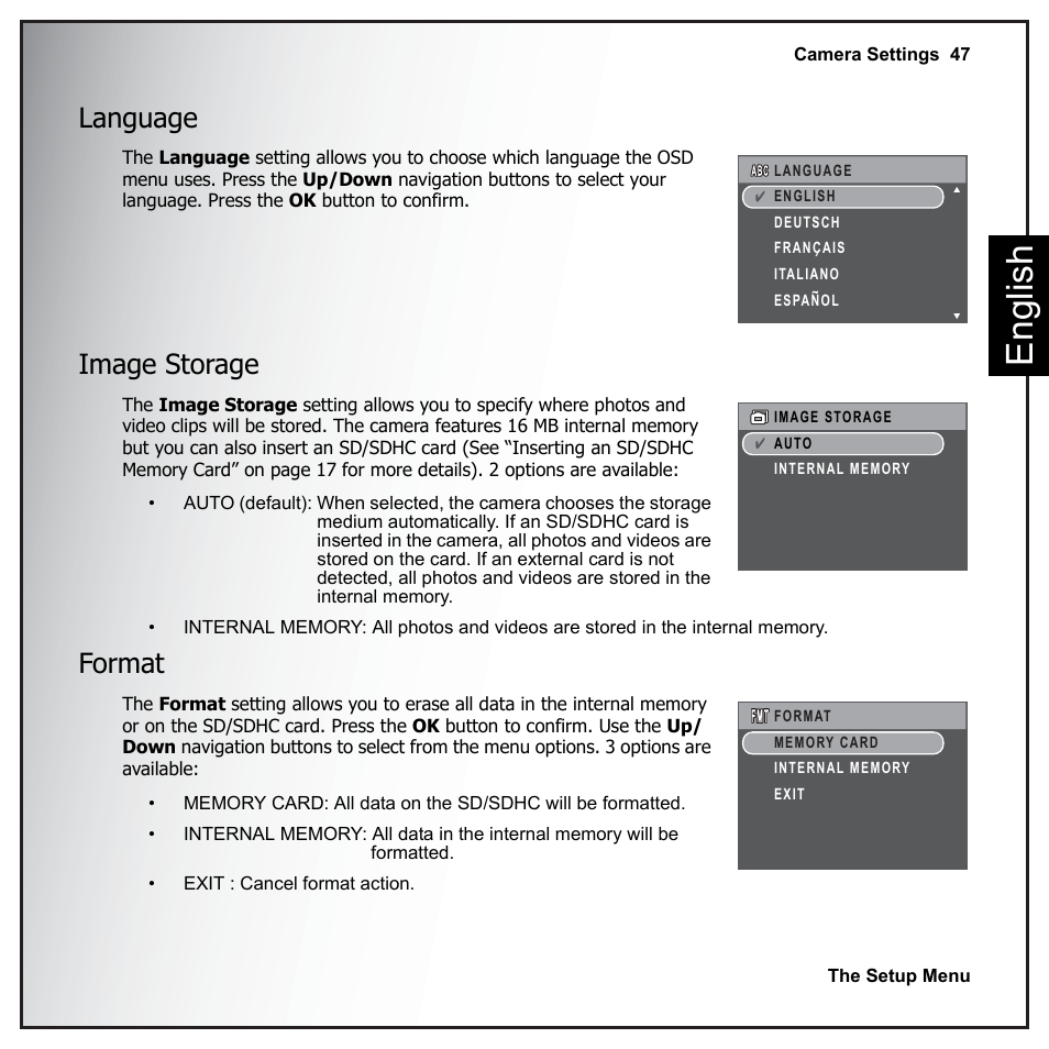 Language, Image storage, Format | Language image storage format, Eng lish | Sanyo VPC-E890 User Manual | Page 63 / 73