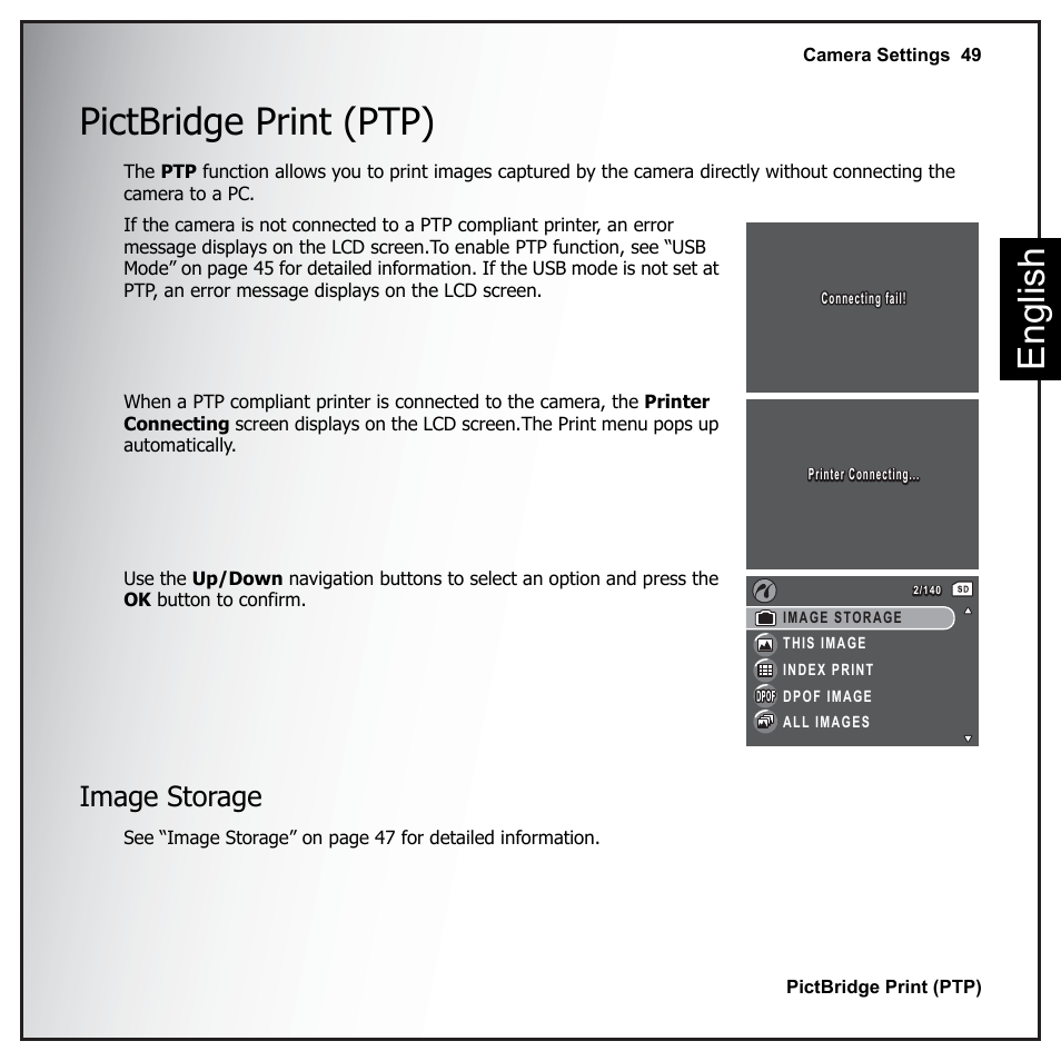 Pictbridge print (ptp), Image storage, Eng lish pictbridge print (ptp) | Sanyo VPC-E890 User Manual | Page 65 / 73