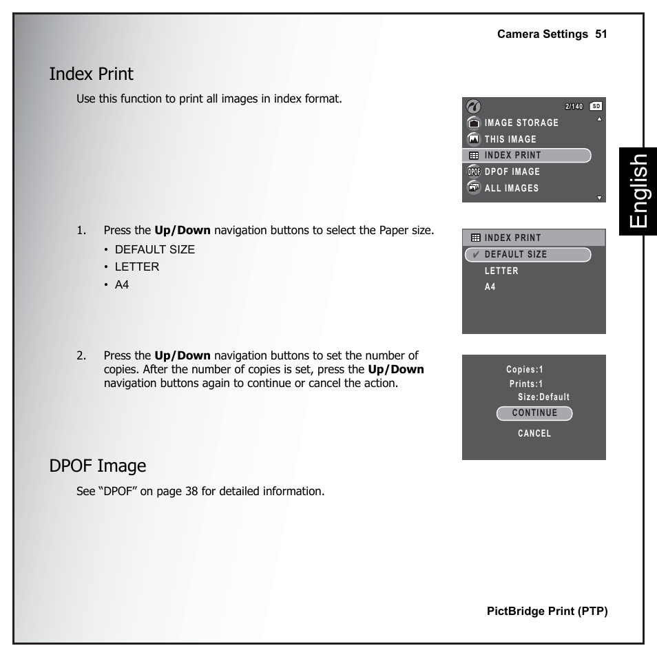 Index print, Dpof image, Index print dpof image | Eng lish | Sanyo VPC-E890 User Manual | Page 67 / 73