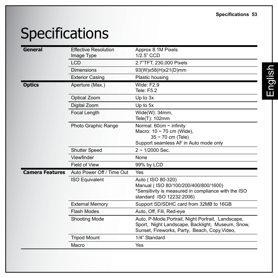 Specifications, Eng lish | Sanyo VPC-E890 User Manual | Page 69 / 73