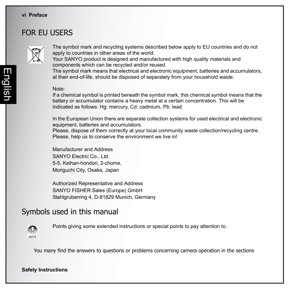 For eu users, Symbols used in this manual, English | For eu users symbols used in this manual | Sanyo VPC-E890 User Manual | Page 8 / 73