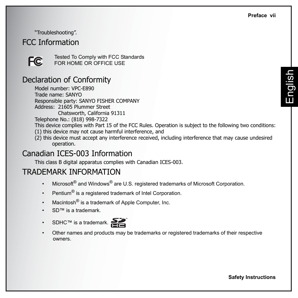 Fcc information, Declaration of conformity, Canadian ices-003 information | Trademark information, Eng lish, Fcc information declaration of conformity | Sanyo VPC-E890 User Manual | Page 9 / 73