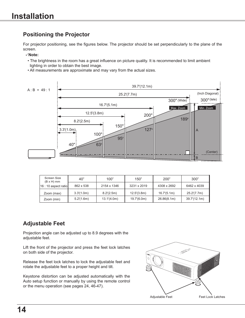 Installation, Positioning the projector, Adjustable feet | 14 installation | Sanyo PLC-WU3800 User Manual | Page 14 / 83