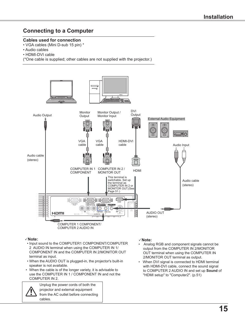 Connecting to a computer, 15 installation, Installation connecting to a computer | Sanyo PLC-WU3800 User Manual | Page 15 / 83