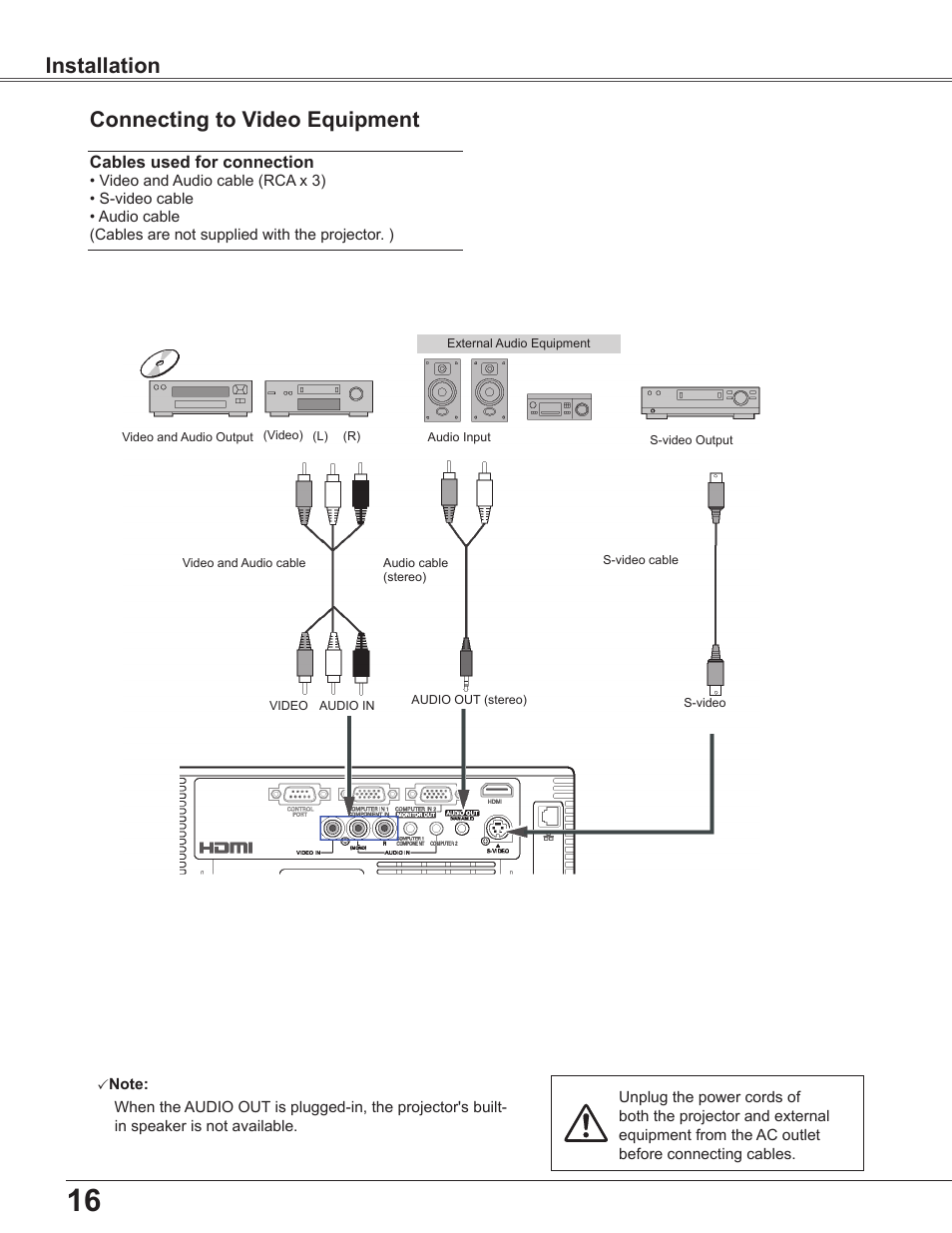 Connecting to video equipment, Installation connecting to video equipment | Sanyo PLC-WU3800 User Manual | Page 16 / 83