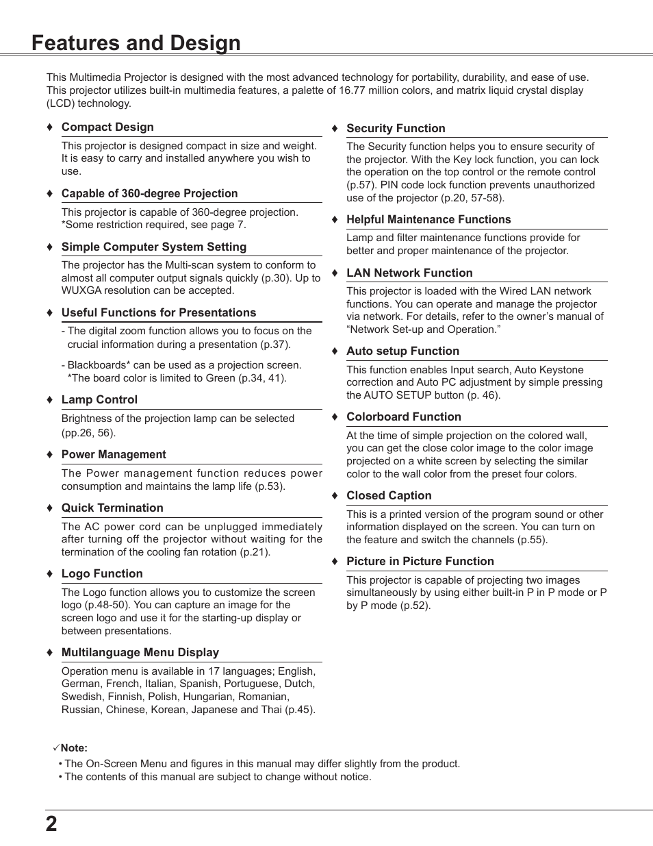 Features and design | Sanyo PLC-WU3800 User Manual | Page 2 / 83