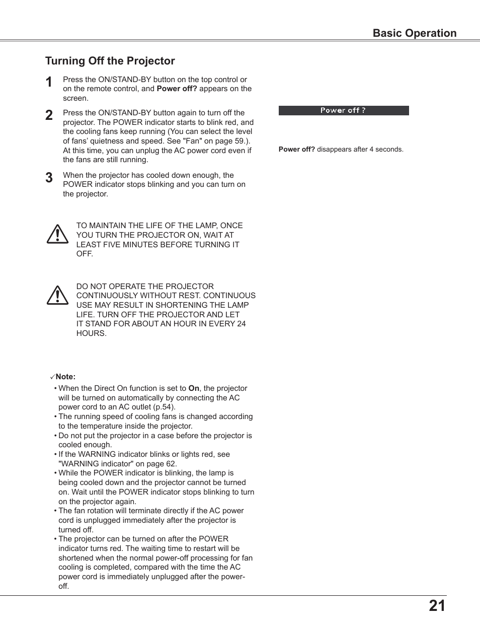 Turning off the projector, Basic operation | Sanyo PLC-WU3800 User Manual | Page 21 / 83