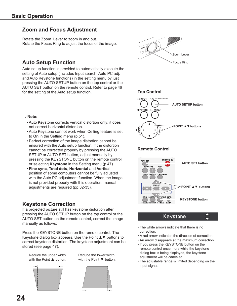 Zoom and focus adjustment, Auto setup function, Keystone correction | Basic operation | Sanyo PLC-WU3800 User Manual | Page 24 / 83
