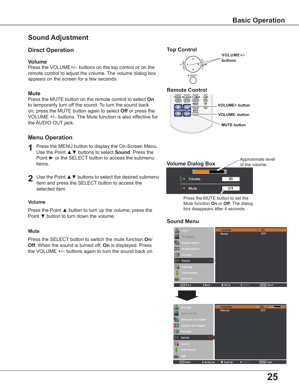Sound adjustment, Basic operation | Sanyo PLC-WU3800 User Manual | Page 25 / 83