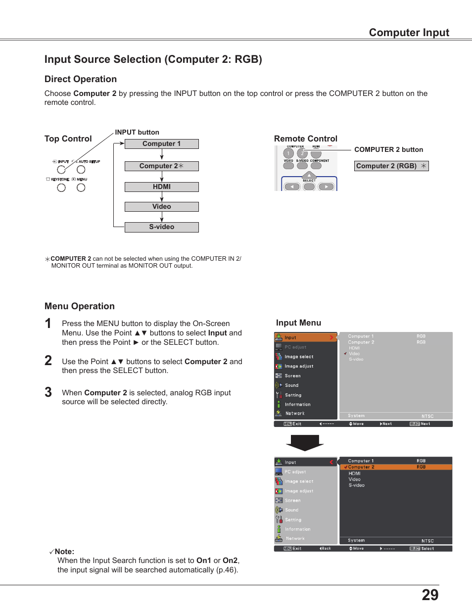 Input source selection (computer 2: rgb), Computer input, Input source selection (computer : rgb) | Sanyo PLC-WU3800 User Manual | Page 29 / 83
