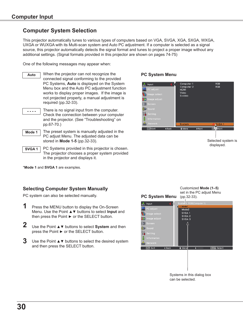 Computer system selection, Computer input | Sanyo PLC-WU3800 User Manual | Page 30 / 83