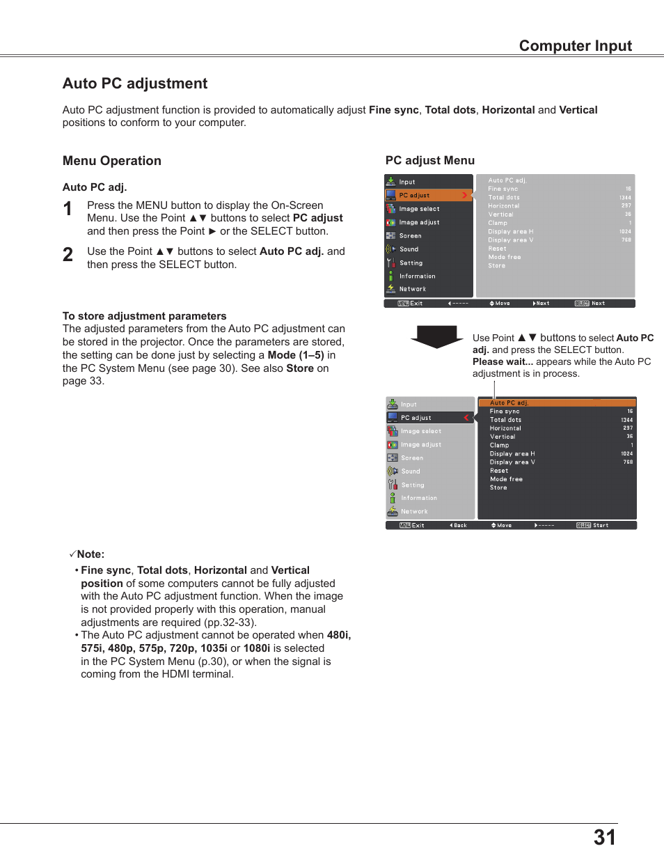Auto pc adjustment, Computer input | Sanyo PLC-WU3800 User Manual | Page 31 / 83