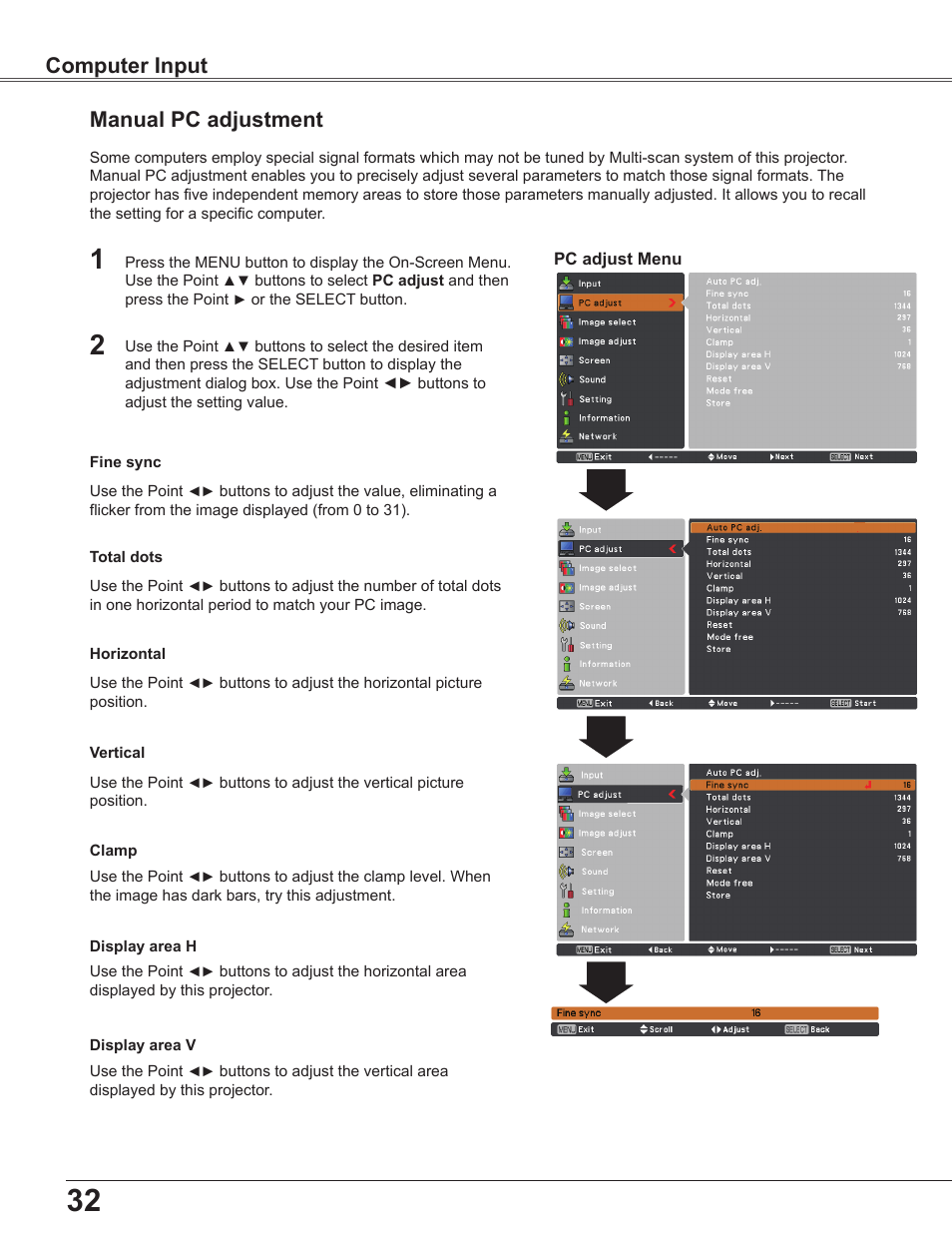Manual pc adjustment, Computer input | Sanyo PLC-WU3800 User Manual | Page 32 / 83