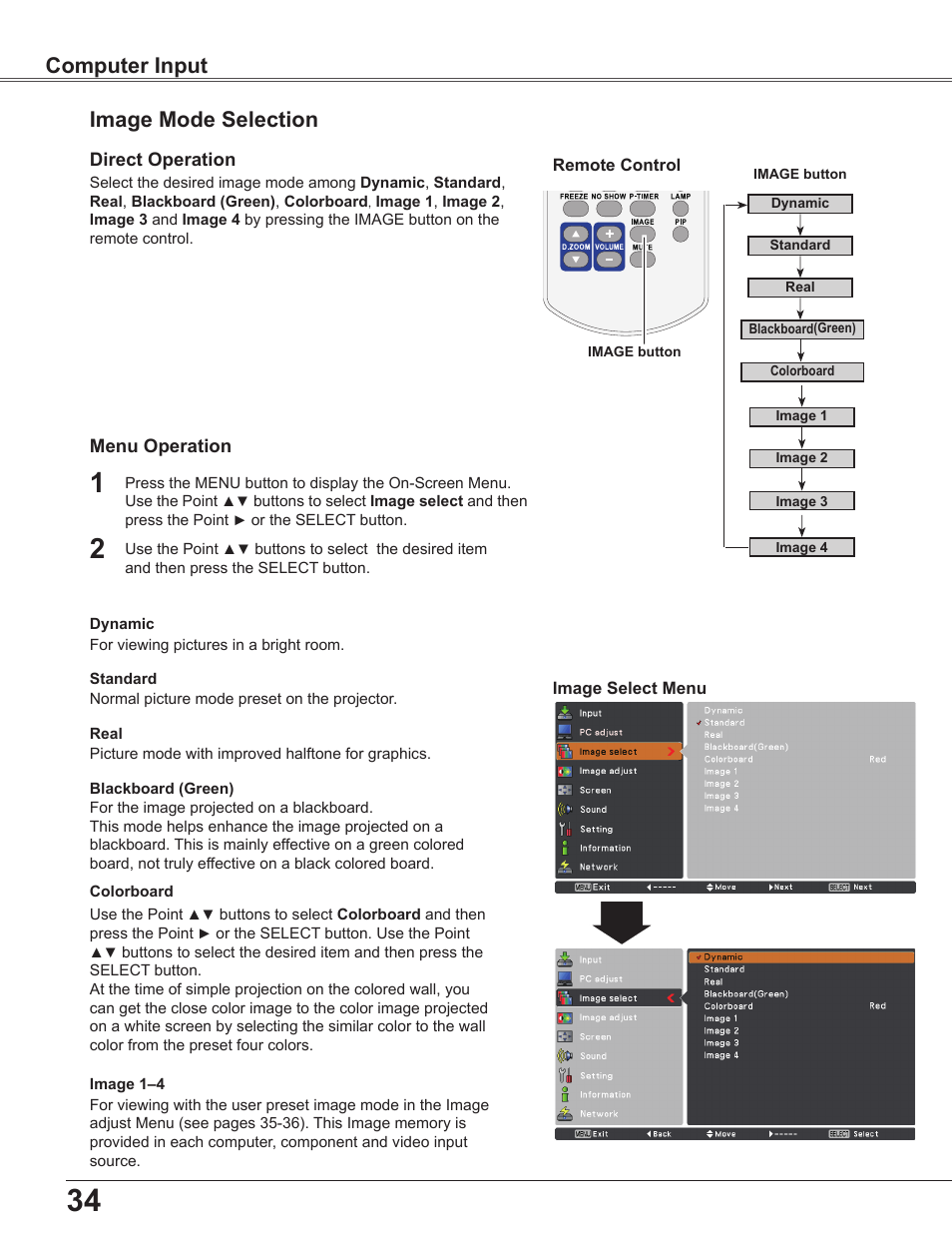 Image mode selection, Computer input | Sanyo PLC-WU3800 User Manual | Page 34 / 83