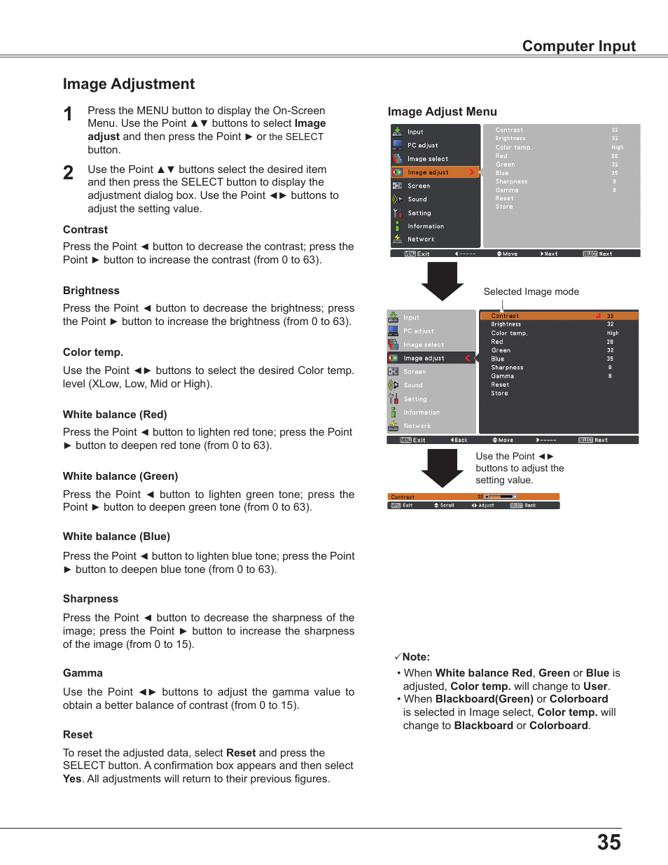 Image adjustment, Computer input | Sanyo PLC-WU3800 User Manual | Page 35 / 83