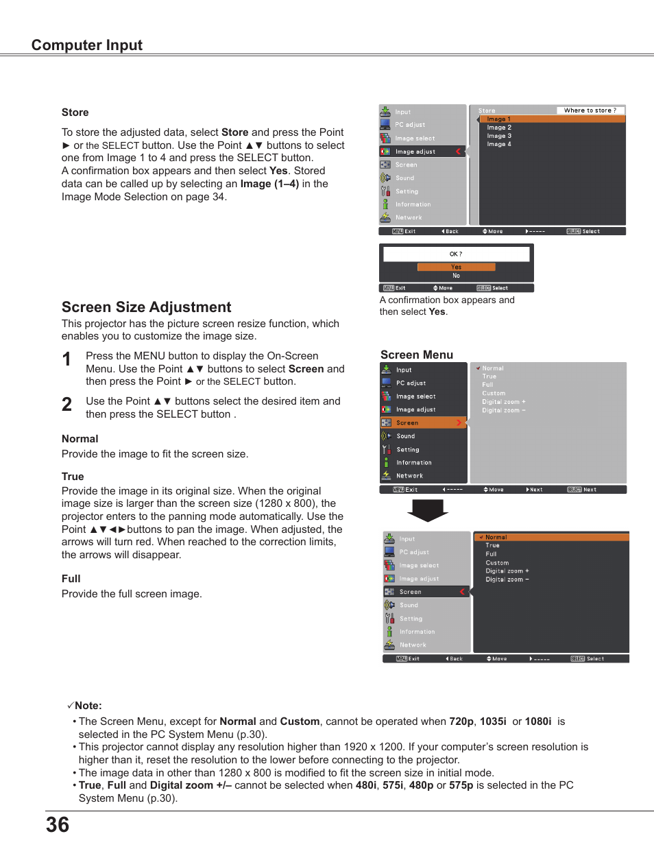 Screen size adjustment, Computer input | Sanyo PLC-WU3800 User Manual | Page 36 / 83