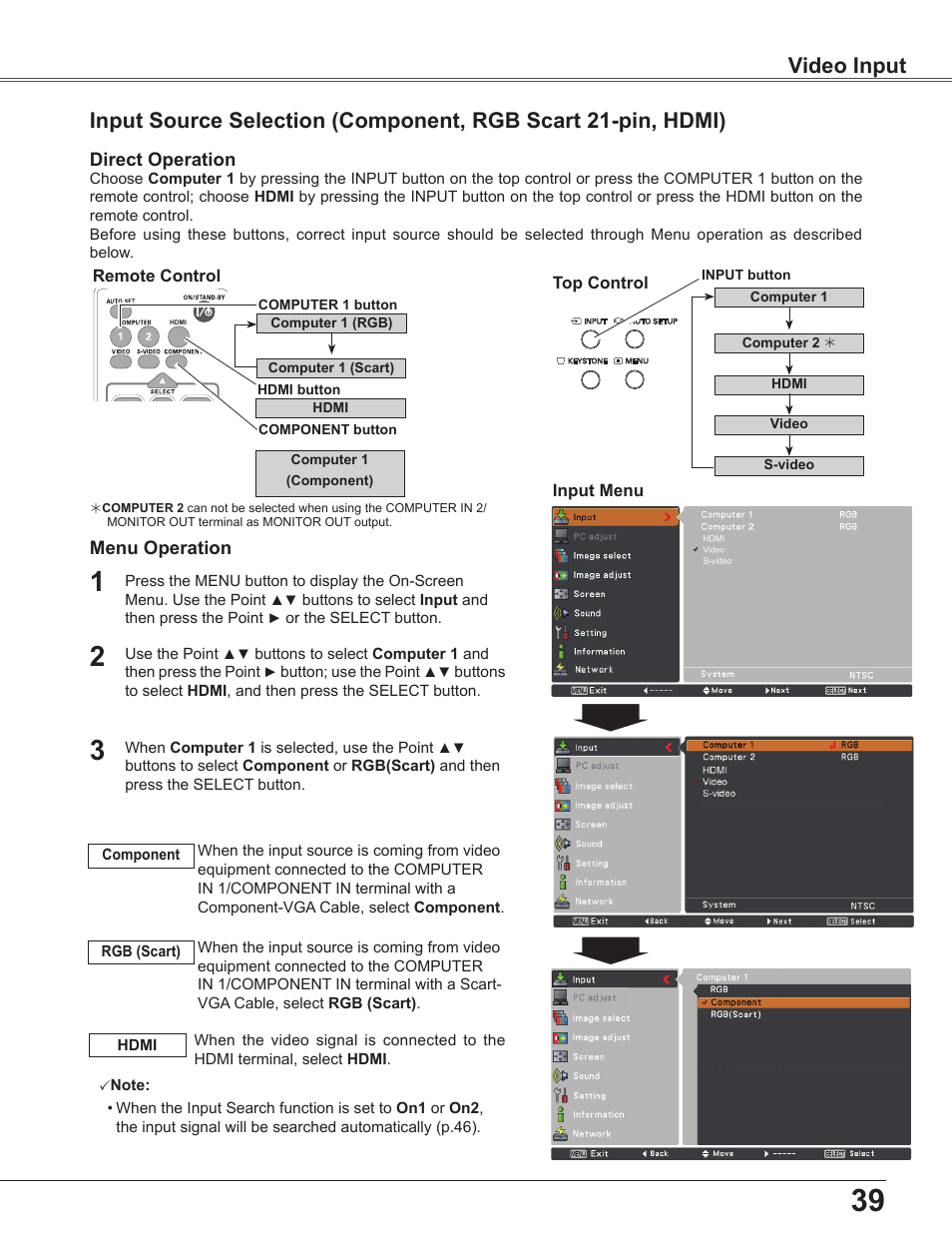 Video input | Sanyo PLC-WU3800 User Manual | Page 39 / 83