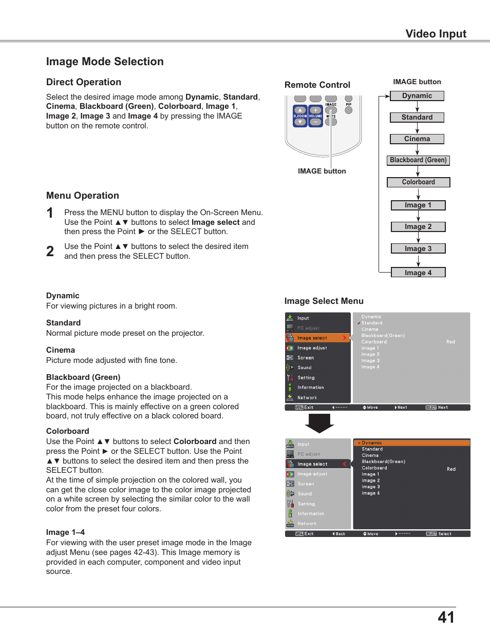 Image mode selection, Video input | Sanyo PLC-WU3800 User Manual | Page 41 / 83