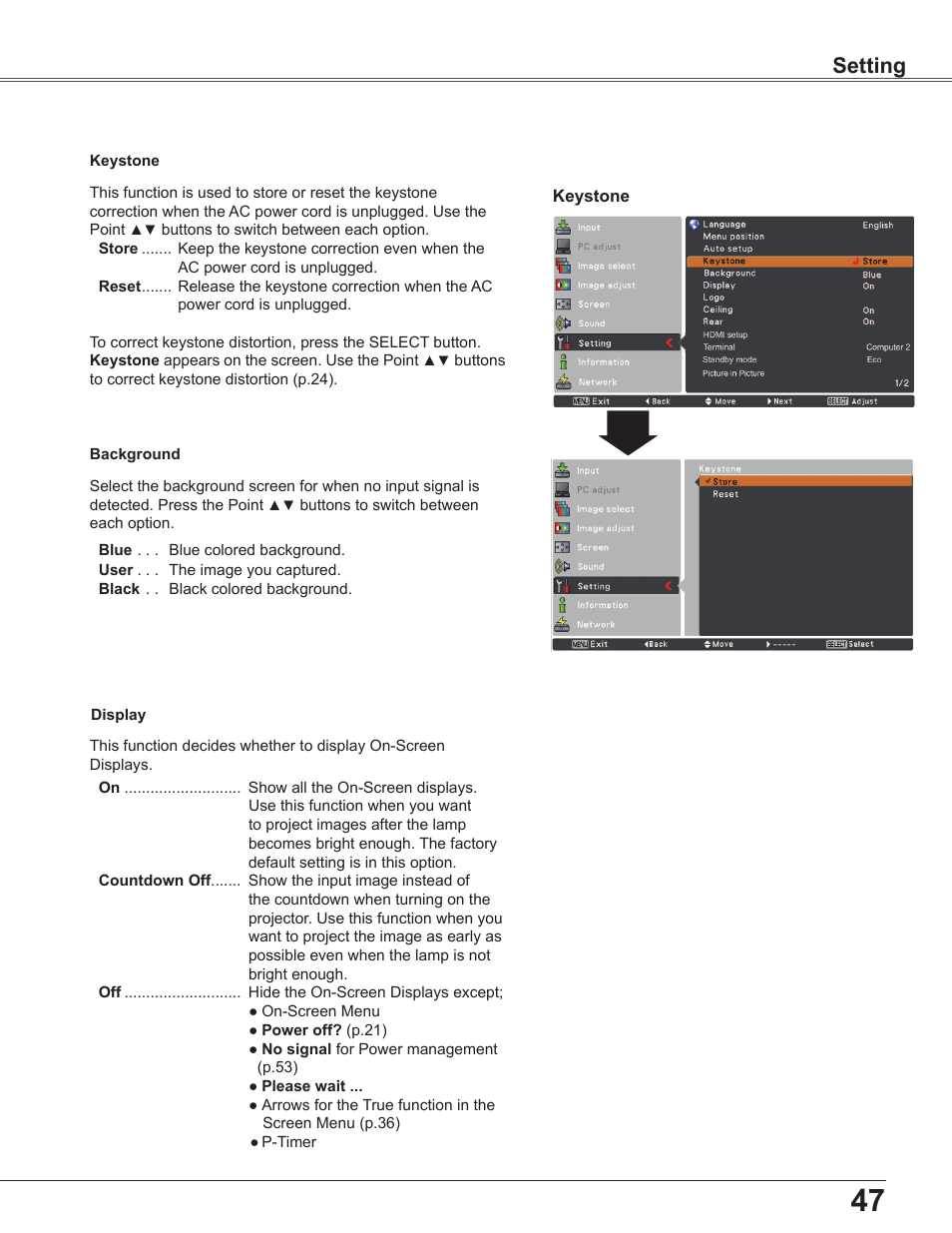 Setting | Sanyo PLC-WU3800 User Manual | Page 47 / 83