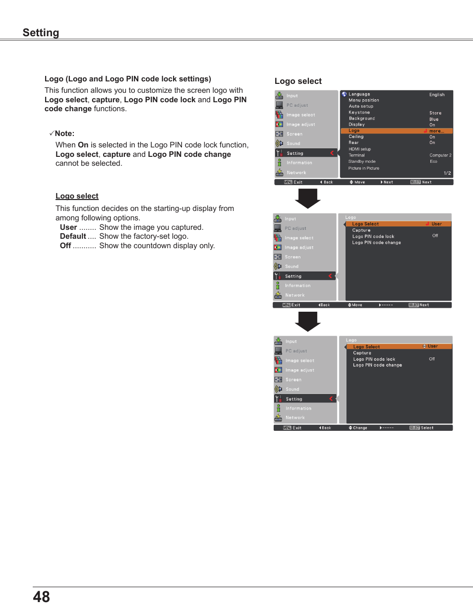 Setting | Sanyo PLC-WU3800 User Manual | Page 48 / 83