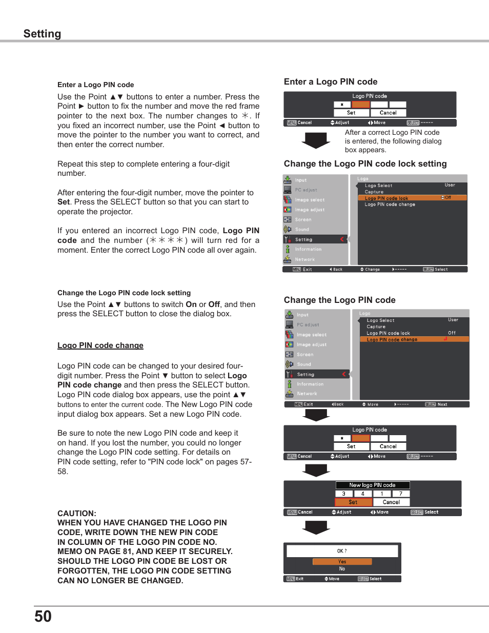 Setting | Sanyo PLC-WU3800 User Manual | Page 50 / 83