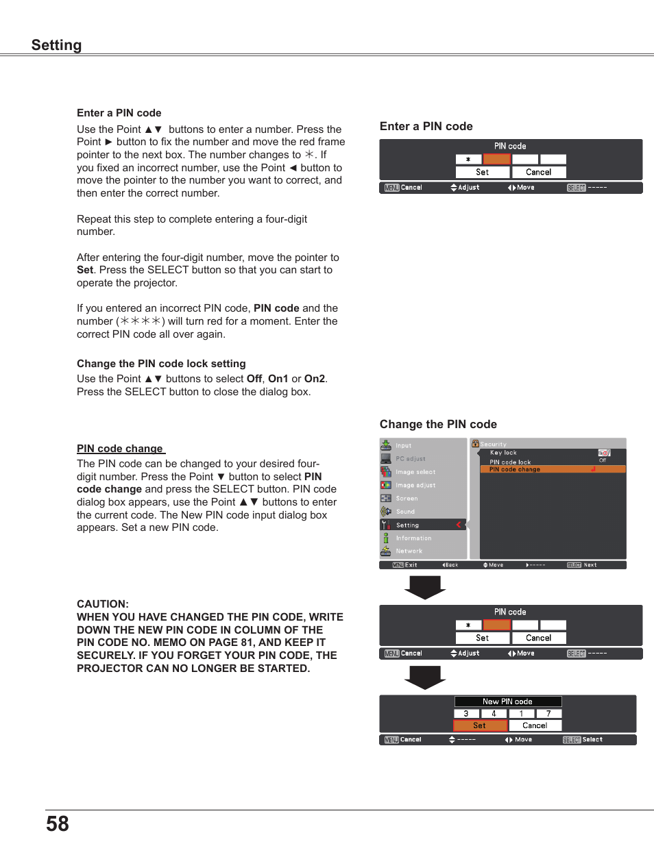 Setting | Sanyo PLC-WU3800 User Manual | Page 58 / 83