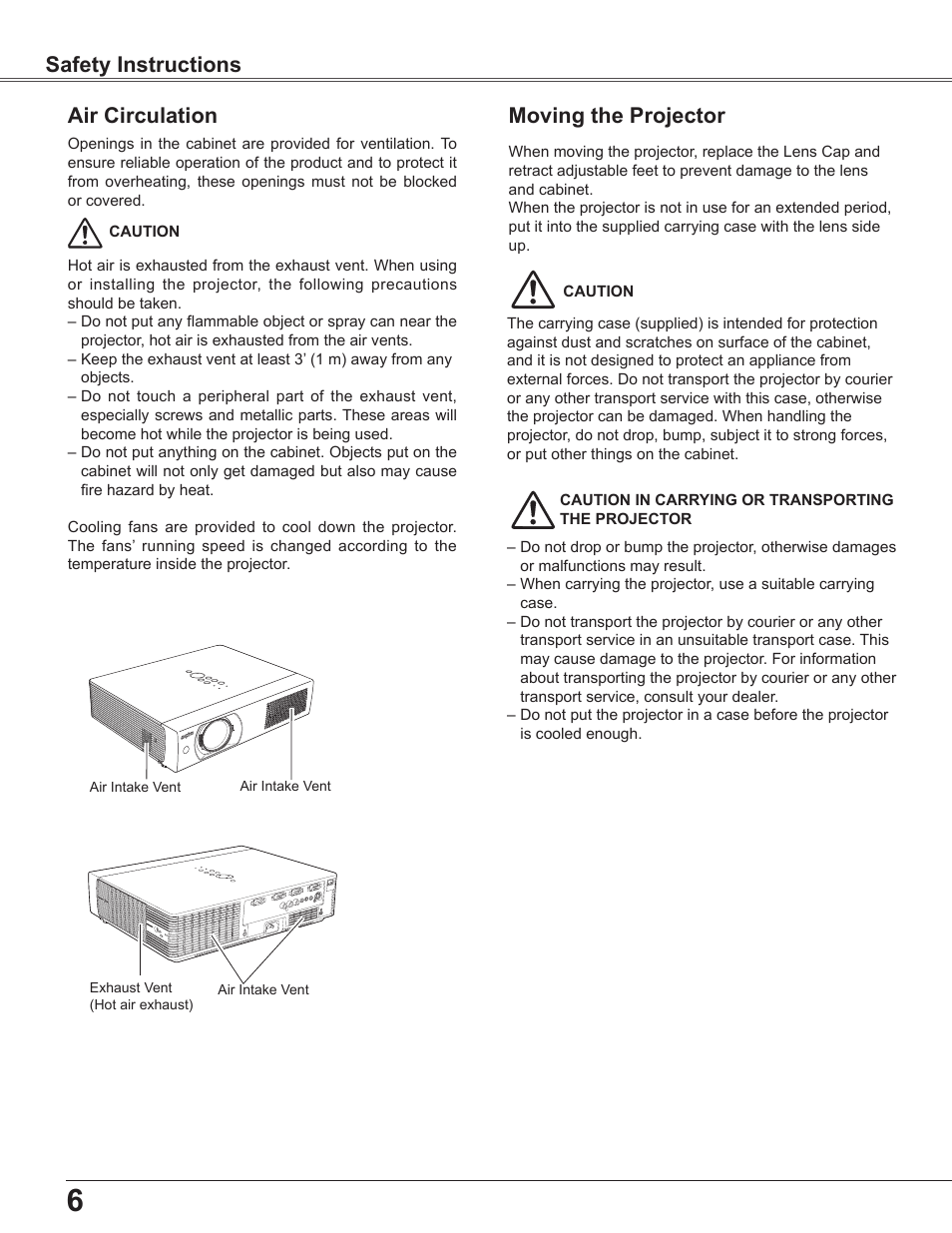 Air circulation, Moving the projector, Safety instructions | Sanyo PLC-WU3800 User Manual | Page 6 / 83
