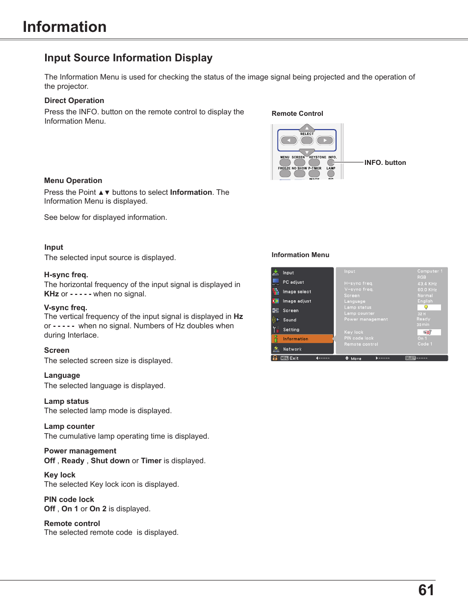 Information, Input source information display | Sanyo PLC-WU3800 User Manual | Page 61 / 83