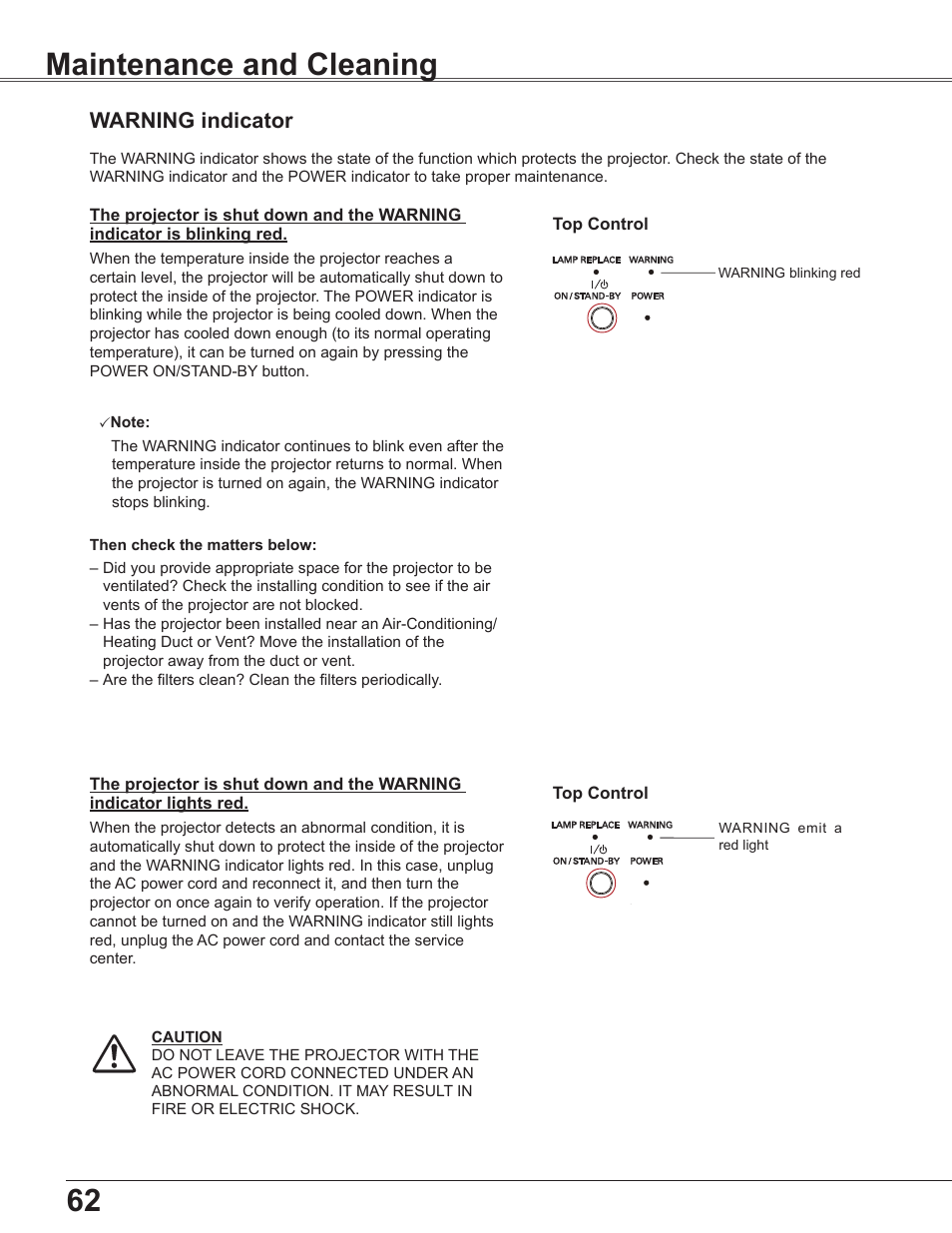 Maintenance and cleaning, Warning indicator | Sanyo PLC-WU3800 User Manual | Page 62 / 83