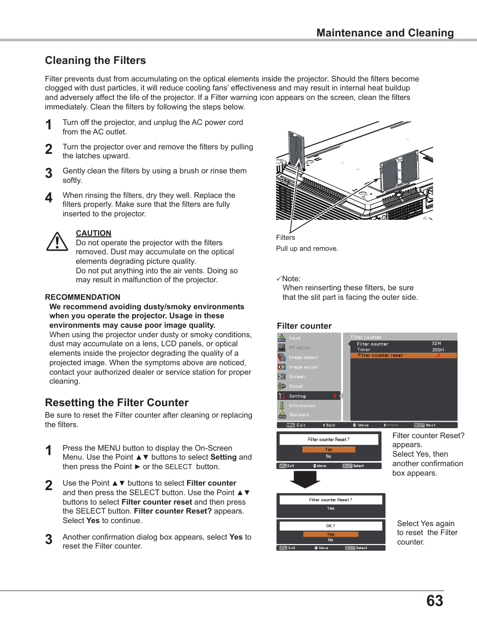 Cleaning the filters, Resetting the filter counter, Maintenance and cleaning | Sanyo PLC-WU3800 User Manual | Page 63 / 83
