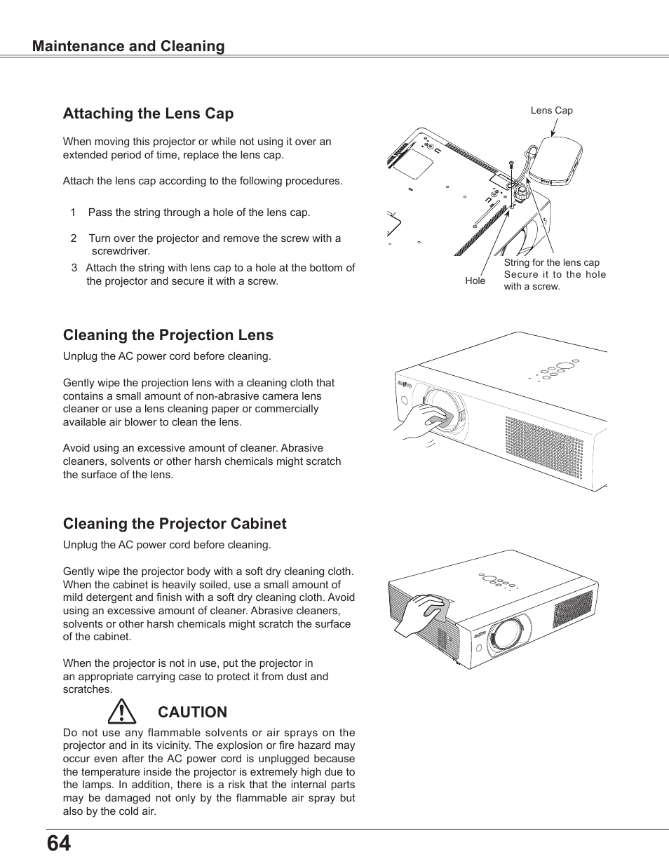 Attaching the lens cap, Cleaning the projection lens, Cleaning the projector cabinet | Caution | Sanyo PLC-WU3800 User Manual | Page 64 / 83