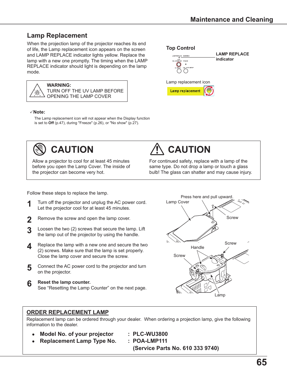 Lamp replacement, Caution, Maintenance and cleaning | Sanyo PLC-WU3800 User Manual | Page 65 / 83