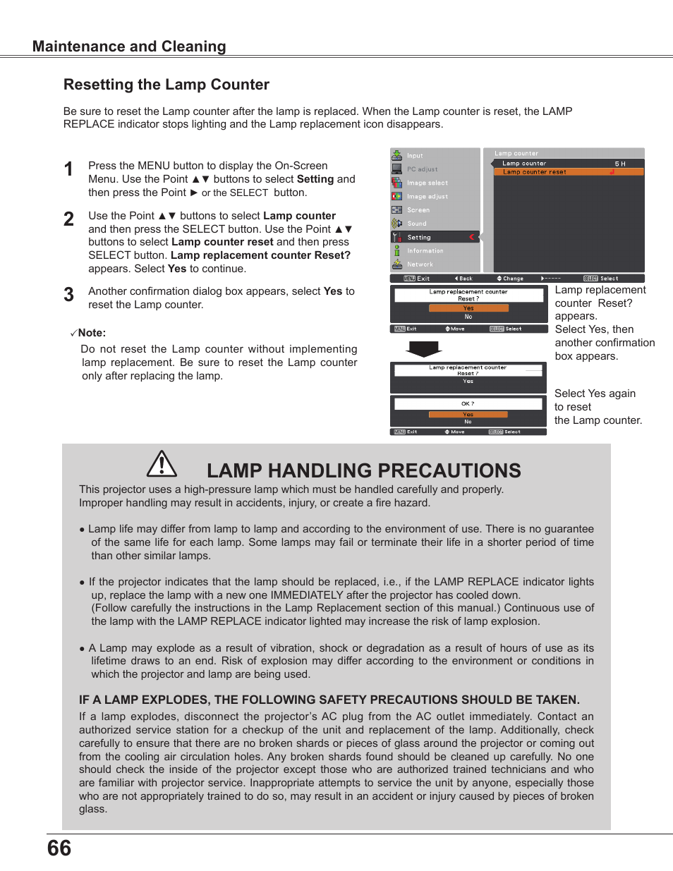 Resetting the lamp counter, Lamp handling precautions, Maintenance and cleaning | Sanyo PLC-WU3800 User Manual | Page 66 / 83